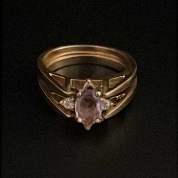 Vintage Art Deco 14k Gold Plated Amethyst Gemstone Cubic Zirconia Flip Ring - Picture 7 of 14